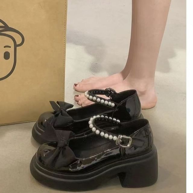 Platform Heel Shoes Bow Mary Block Jane