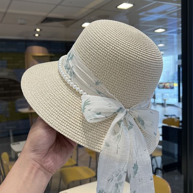 Faux Straw Pearl Hat Bucket Bow