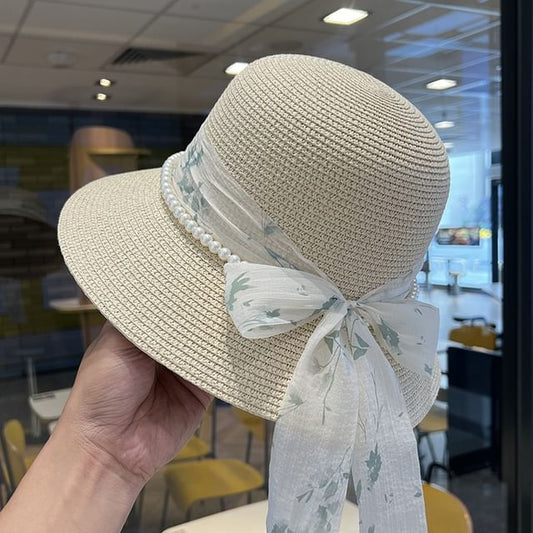 Faux Straw Pearl Hat Bucket Bow