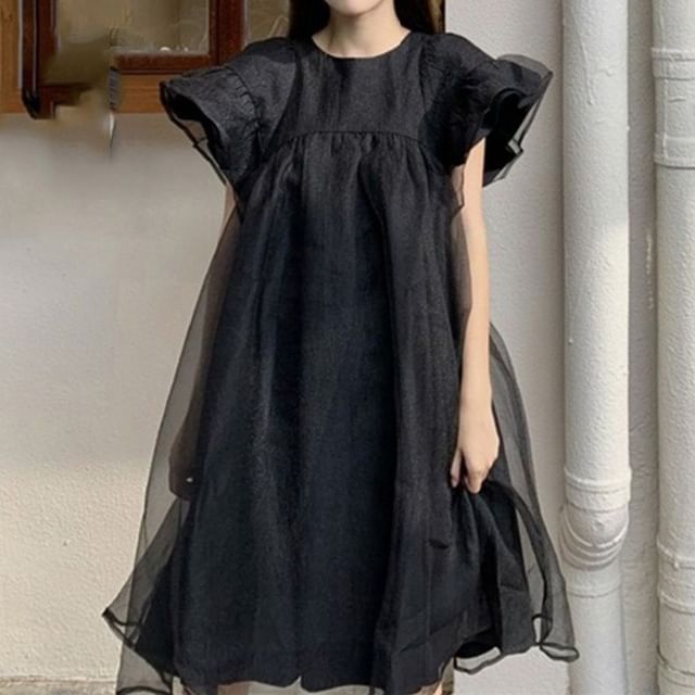 Panel Mesh Plain Dress Smock Short-Sleeve