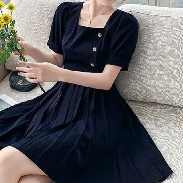 Puff-Sleeve Plain Square Neck Dress A-Line