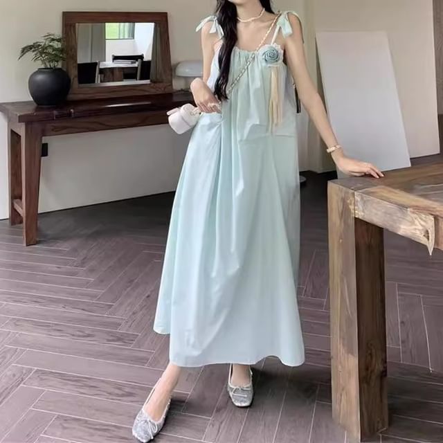 Maxi Spaghetti Plain Sundress Flower Strap Detail