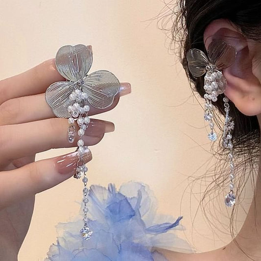 Floral Faux Ear Rhinestone Fringed Cuff Pearl