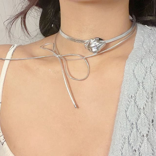 Choker Faux Layered Floral Leather Bow