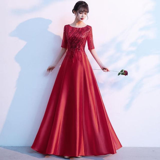 Short-Sleeve Sequin A-Line Evening Gown