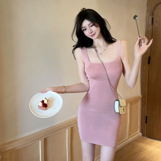 Knit Square Dress Mini Neck Plain Sheath Sleeveless
