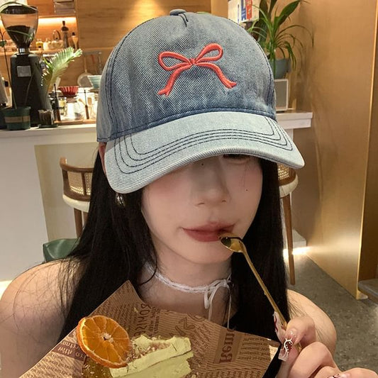 Baseball Cap Bow Washed Denim Embroidered