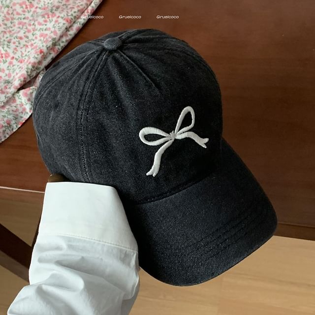 Baseball Cap Bow Washed Denim Embroidered