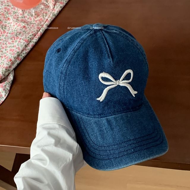 Bow Embroidered Washed Denim Baseball Cap