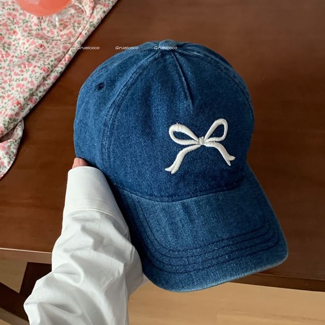 Baseball Cap Bow Washed Denim Embroidered