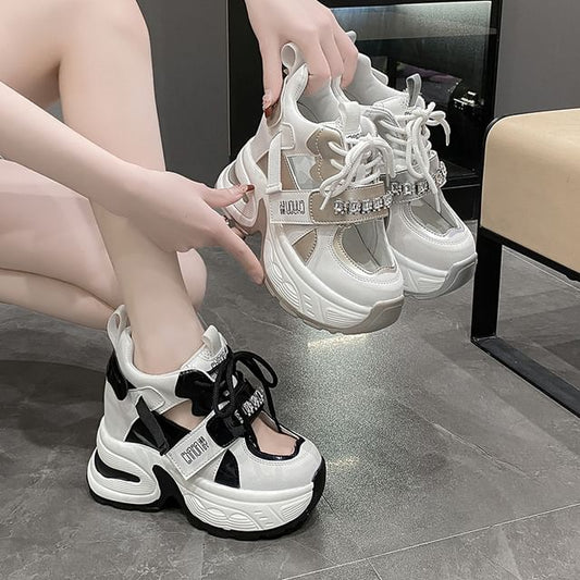 Hidden Platform Cutout Panel Sneakers Wedge Rhinestone