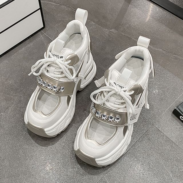 Hidden Platform Cutout Panel Sneakers Wedge Rhinestone