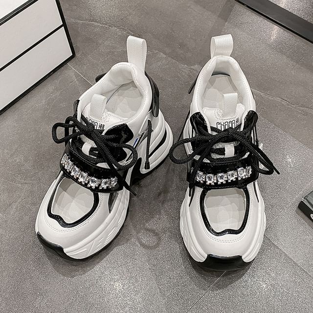 Hidden Platform Cutout Panel Sneakers Wedge Rhinestone