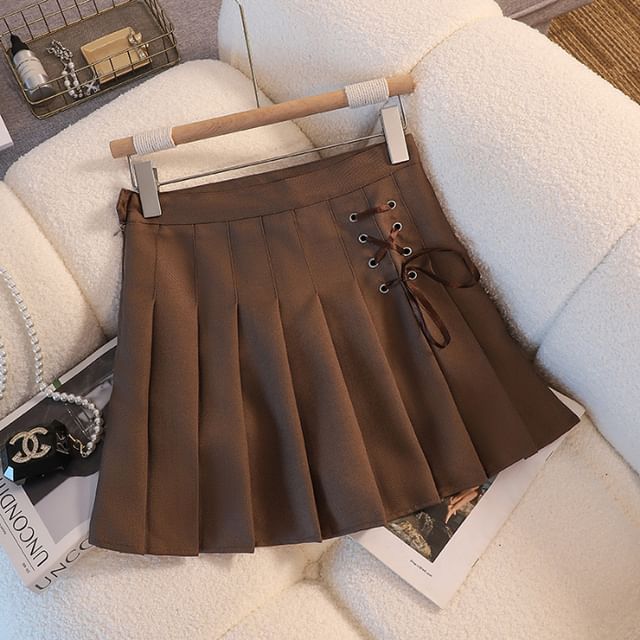 High Rise Lace-Up Plain Mini Pleated Skirt