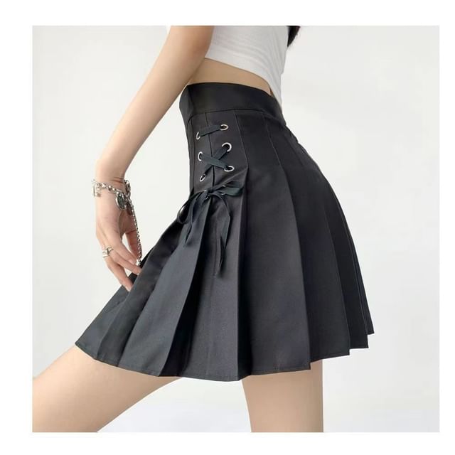 High Rise Lace-Up Plain Mini Pleated Skirt