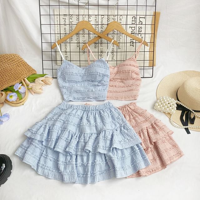 Set: Plain Lace Crop Cami Top + Elastic Waist Tiered Mini A-Line Skirt