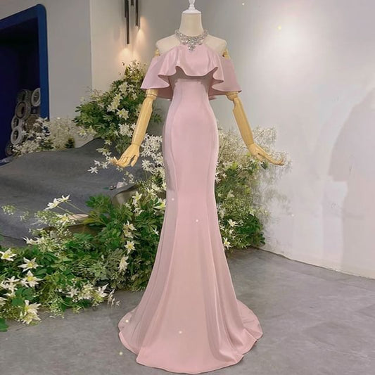 Short-Sleeve Halter Neck Cold Shoulder Plain Rhinestone Accent Mermaid Evening Gown