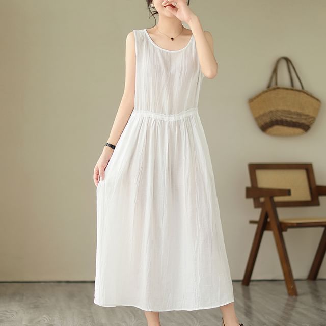 Sleeveless Round Neck Plain Drawstring Waist Maxi A-Line Dress