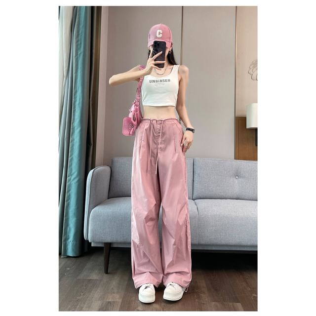 Drawstring Waist Plain Wide Leg Cargo Pants