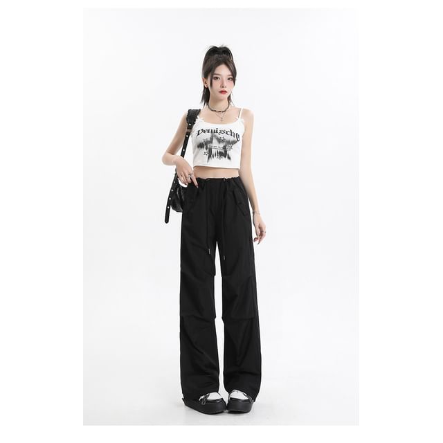 Drawstring Waist Plain Loose Fit Cargo Pants