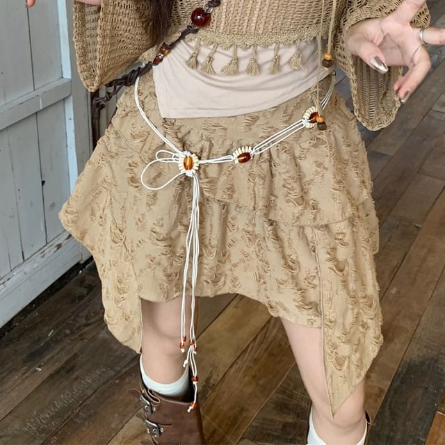 Beaded Plain Top / Mid Detail Cropped Chain Skirt Asymmetrical Sweater Waist Distressed Cami Rise Tassel A-Line Mini