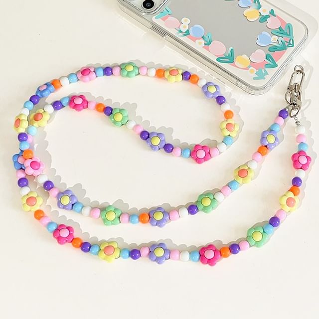 Crystal Floral Bead Lanyard Faux Phone