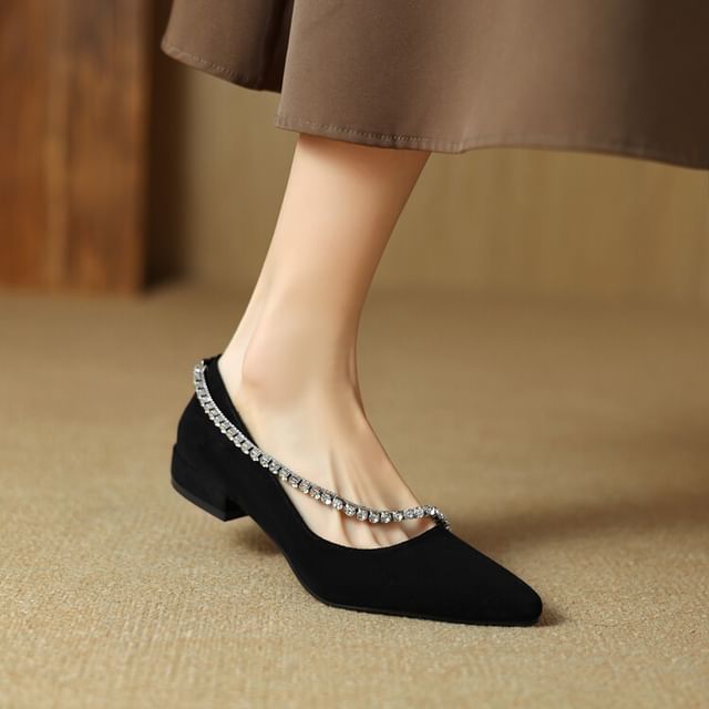 Pointed Toe Rhinestone Faux Suede Pumps