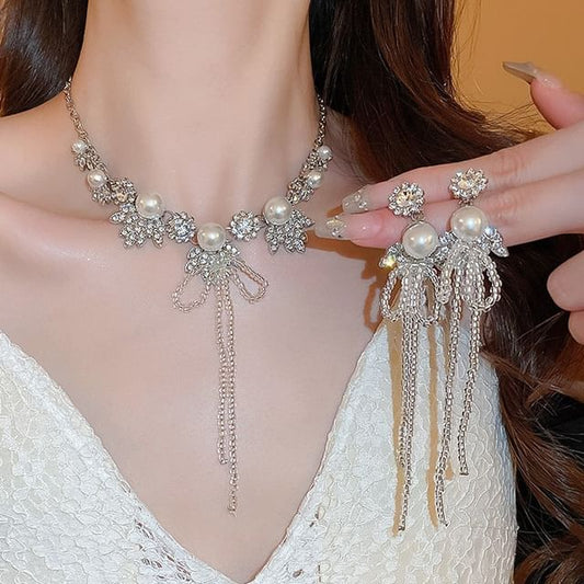Ribbon Earring Rhinestone Necklace Drop /