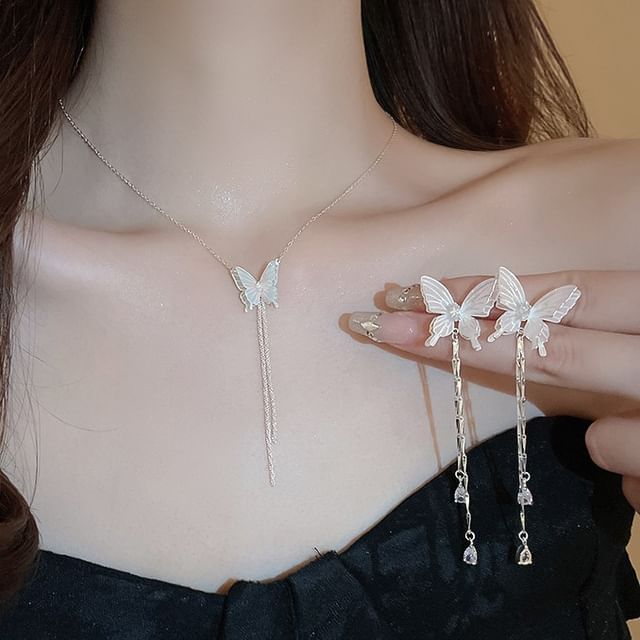 Earring / Butterfly Rhinestone Dangle Choker Alloy