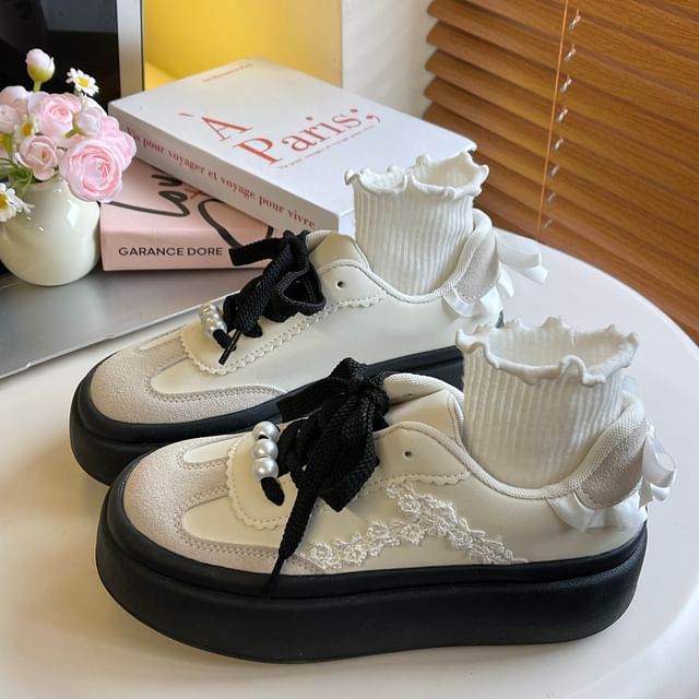 Platform Faux Pearl Bow Panel Sneakers