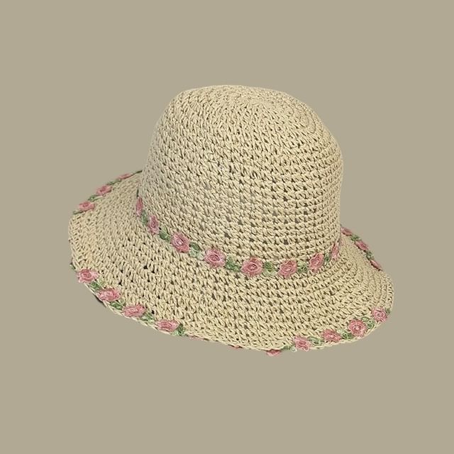 Hat Straw Embroidered Sun Floral