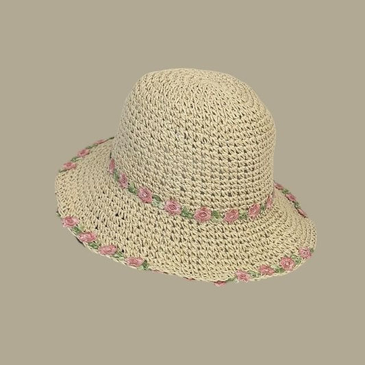 Hat Straw Embroidered Sun Floral