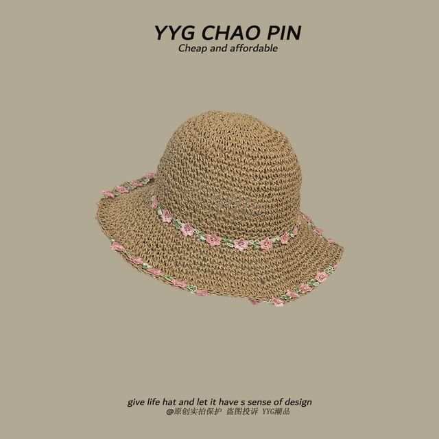 Hat Straw Embroidered Sun Floral
