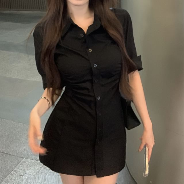 Dress Mini Shirt Plain Ruched Sheath Button-Up 3/4-Sleeve