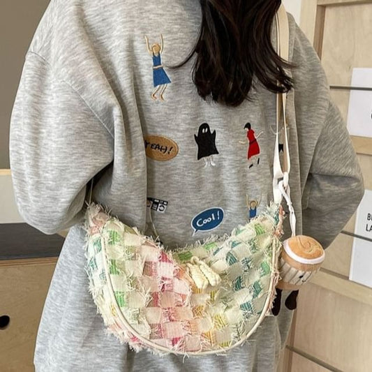 Distressed Patterned Fabric Crossbody Bag