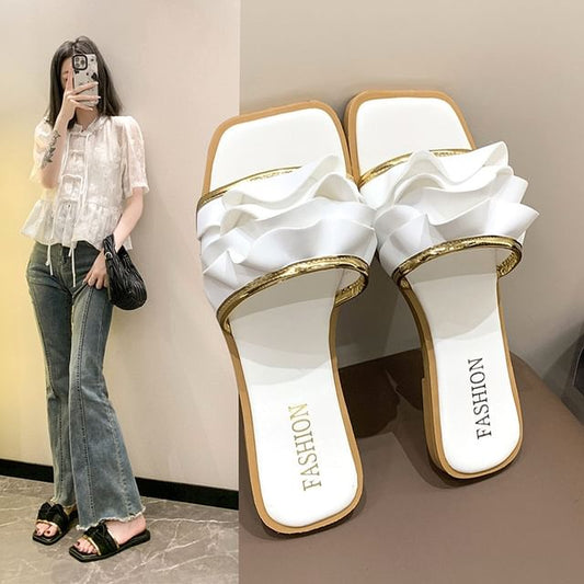 Ruffle Slide Sandals Square Toe
