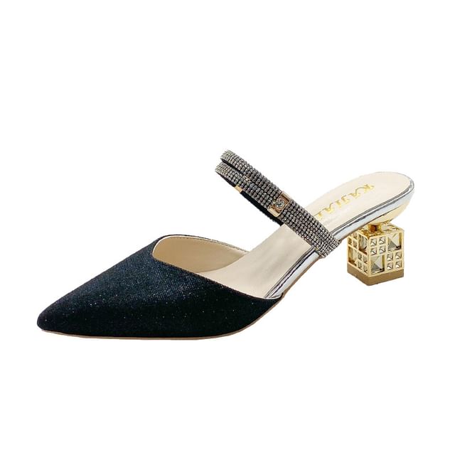 Rhinestone Block Pointed Mules Heel
