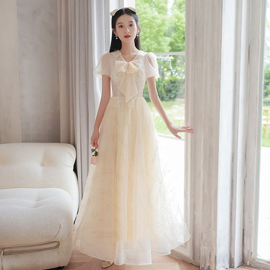 Short-Sleeve Ribbon Neck Mesh A-Line Evening Gown