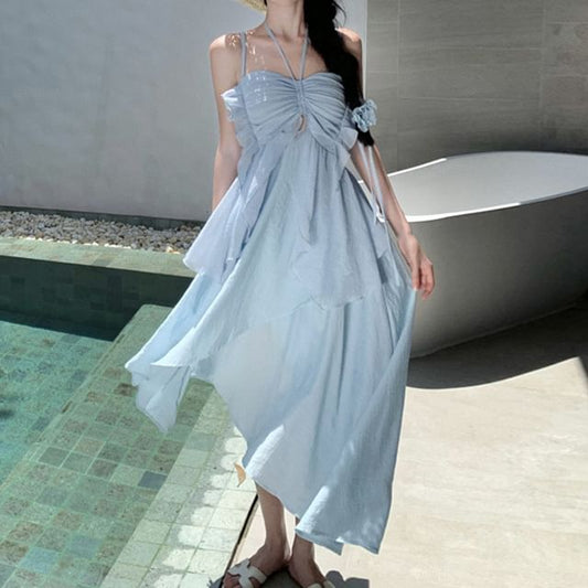 Asymmetrical Plain Midi Dress Spaghetti Strap A-Line