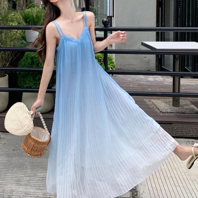 A-Line Strap Midi Gradient Dress Spaghetti