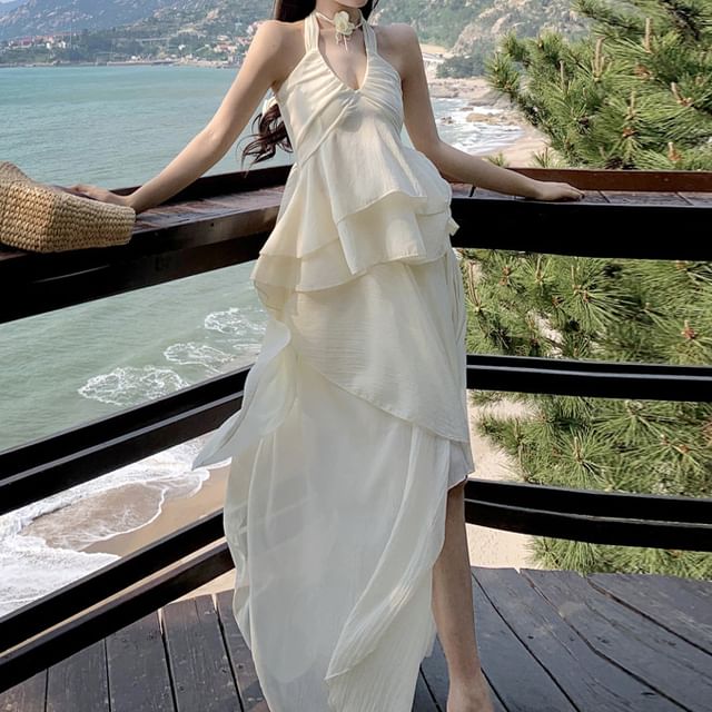 Peplum Skirt Tank Plain A-Line Halter Set: Midi Top + Asymmetrical