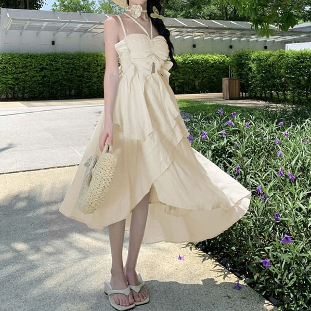 Asymmetrical Plain Midi Dress Spaghetti Strap A-Line