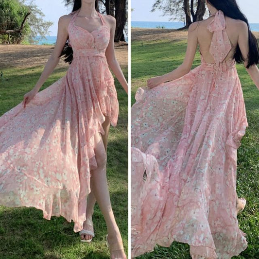 Dress A-Line Asymmetrical Ruffle V-Neck Floral Print Ruched Back Halter Trim Open