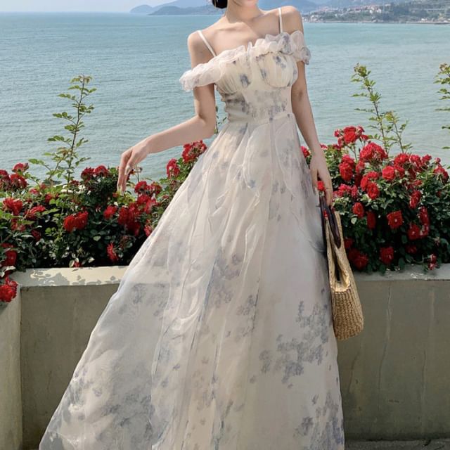 Shoulder Floral Dress Neck Cold Square Maxi Print Ruffle Ruched Trim A-Line