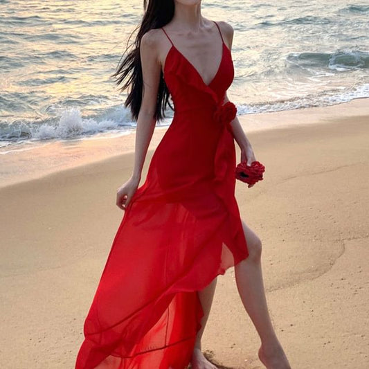 Dress Maxi Plain A-Line Ruffle Plunge Back Trim Strap Slit Open V-Neck Spaghetti