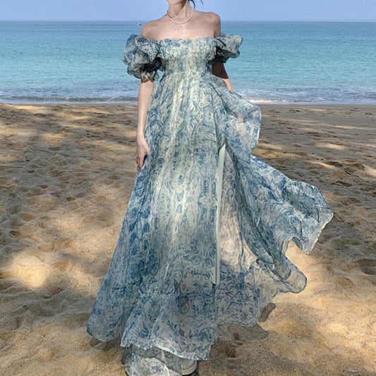 Trim Floral Dress Maxi Puff-Sleeve Ruffle A-Line Print Slit Off-Shoulder