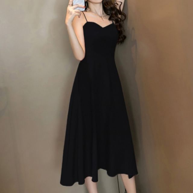 V-Neck Strap Dress Spaghetti Plain Midi A-Line Open Back