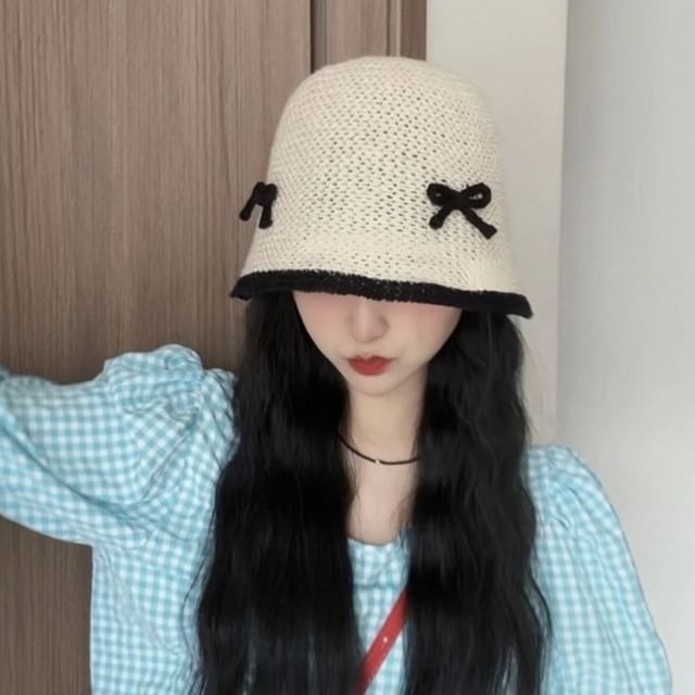 Knit Hat Bow Cloche Contrast Trim