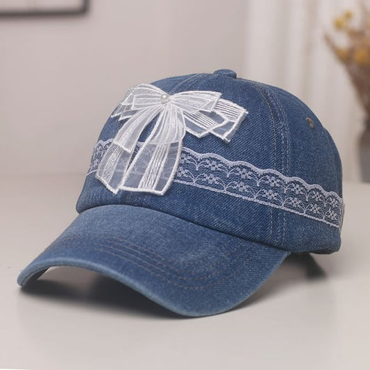 Baseball Denim Lace Cap Pearl Faux Trim Bow