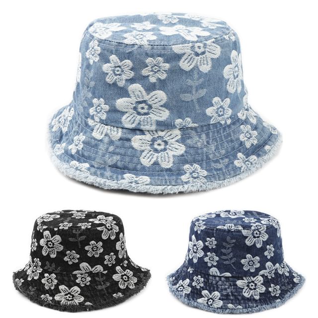 Bucket Floral Washed Denim Frayed Print Hat